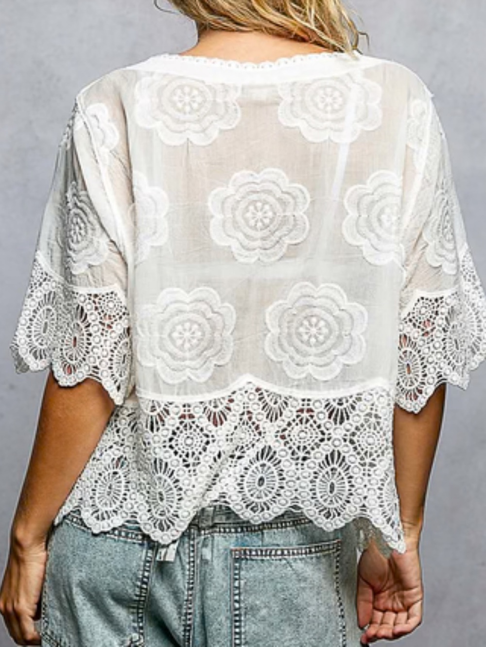 565. LAST 2!Pol v neck cotton button top crochet embroidered short sleeve - Picture 2 of 2